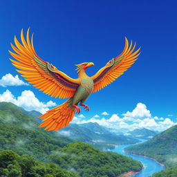 An artistic depiction of a Garuda (a mythical bird-like creature in Hindu and Buddhist mythology) soaring majestically against a vibrant blue sky