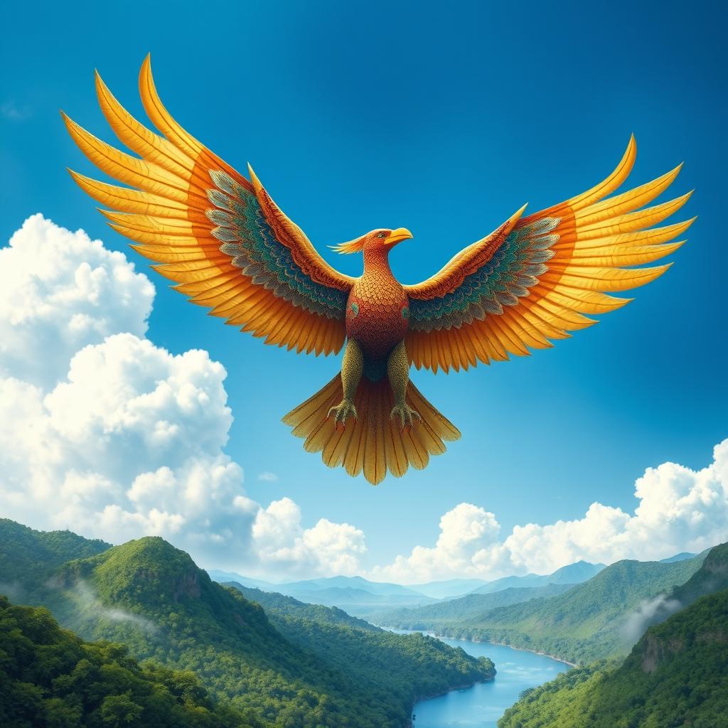 An artistic depiction of a Garuda (a mythical bird-like creature in Hindu and Buddhist mythology) soaring majestically against a vibrant blue sky