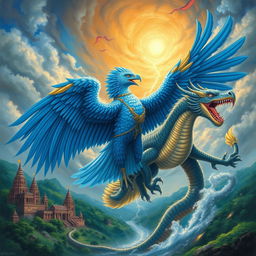 A stunning mythical scene featuring Garuda, the majestic eagle from Hindu mythology, and a powerful dragon