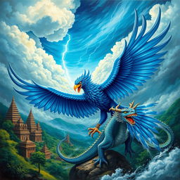 A stunning mythical scene featuring Garuda, the majestic eagle from Hindu mythology, and a powerful dragon