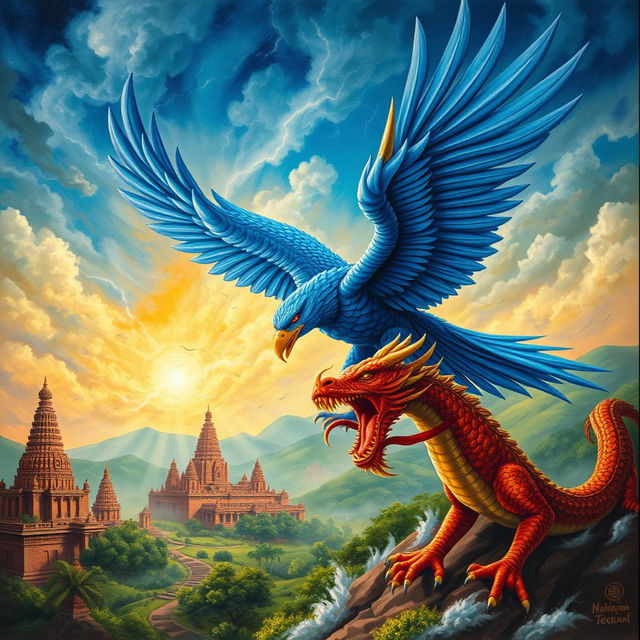 A stunning mythical scene featuring Garuda, the majestic eagle from Hindu mythology, and a powerful dragon