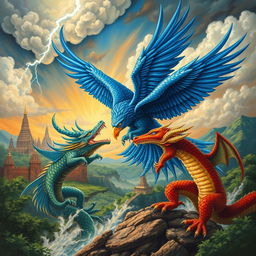 A stunning mythical scene featuring Garuda, the majestic eagle from Hindu mythology, and a powerful dragon