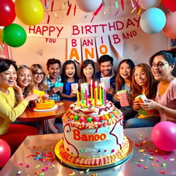 A colorful birthday celebration scene featuring a delightful birthday cake adorned with candles and vibrant decorations