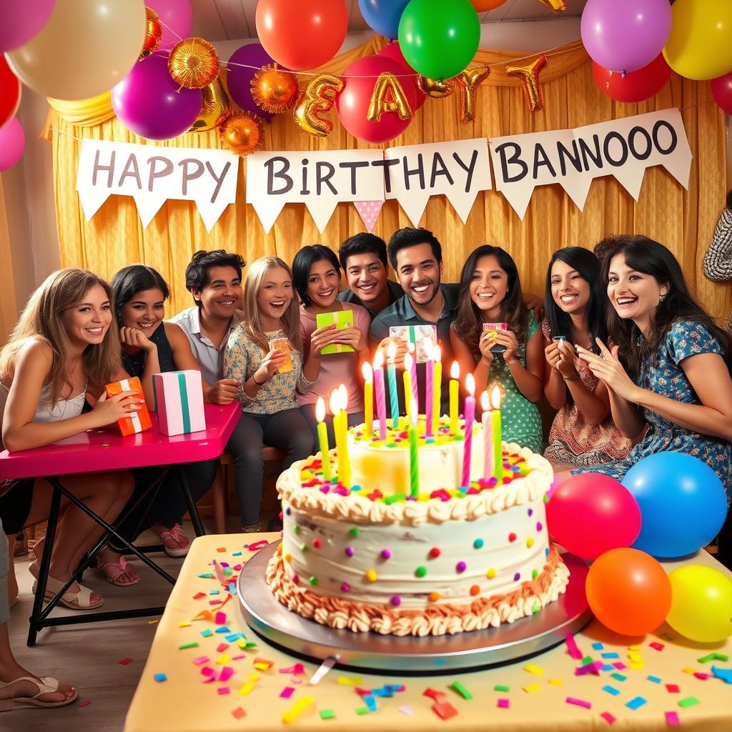 A colorful birthday celebration scene featuring a delightful birthday cake adorned with candles and vibrant decorations