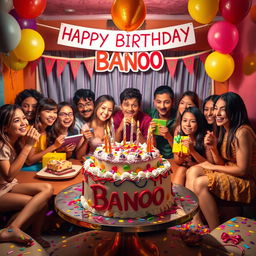 A colorful birthday celebration scene featuring a delightful birthday cake adorned with candles and vibrant decorations