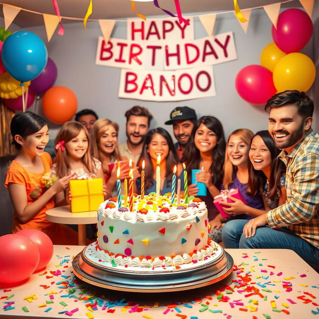 A colorful birthday celebration scene featuring a delightful birthday cake adorned with candles and vibrant decorations