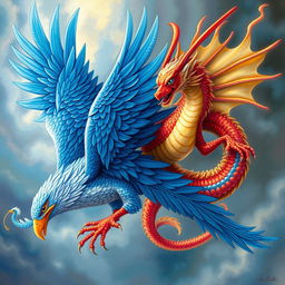 A majestic Garuda bird intertwined with a stunning dragon in a magnificent display of mythical creature art