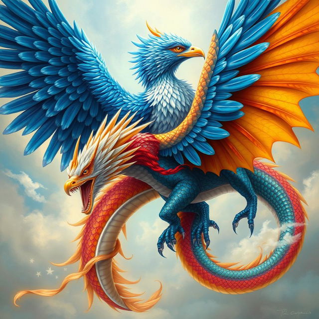 A majestic Garuda bird intertwined with a stunning dragon in a magnificent display of mythical creature art