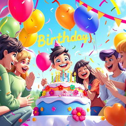 A vibrant and joyful birthday celebration scene for a character named Banoo, featuring colorful balloons, a beautifully decorated cake with candles, and friends joyfully gathered around