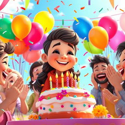 A vibrant and joyful birthday celebration scene for a character named Banoo, featuring colorful balloons, a beautifully decorated cake with candles, and friends joyfully gathered around