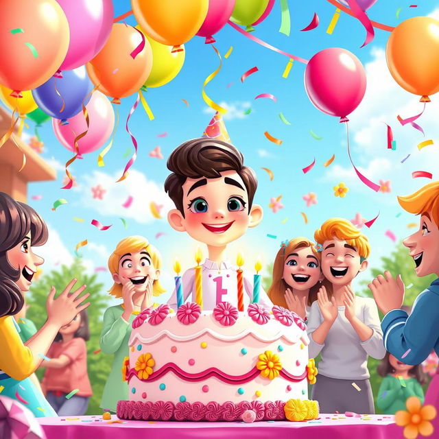 A vibrant and joyful birthday celebration scene for a character named Banoo, featuring colorful balloons, a beautifully decorated cake with candles, and friends joyfully gathered around