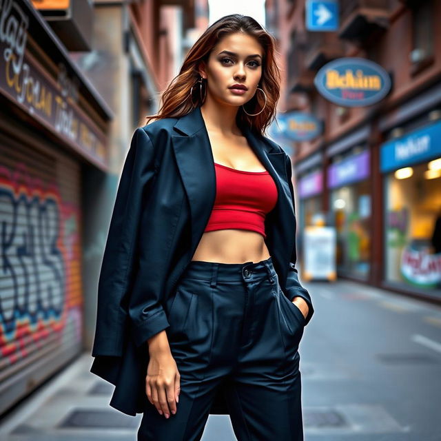 A fashionable young woman in a stylish outfit, standing confidently in an urban environment