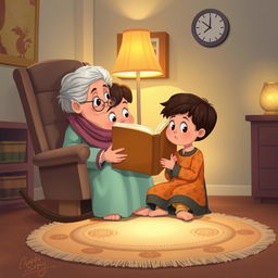 A cozy illustration of a grandmother sitting in a rocking chair, holding a big storybook
