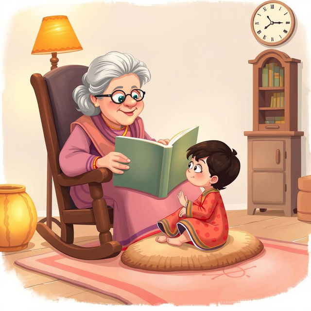 A cozy illustration of a grandmother sitting in a rocking chair, holding a big storybook