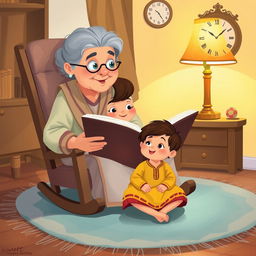 A cozy illustration of a grandmother sitting in a rocking chair, holding a big storybook