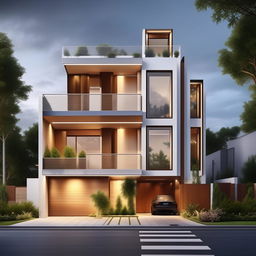 Construct an image of a three-story building on a 60ft x 30ft plot with a stylish design. The building features a right-sided garage including steps, all of which follows modern architecture.