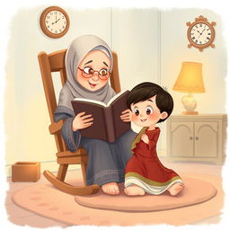 A heartwarming illustration depicting a Muslim grandmother sitting on a rocking chair, lovingly holding a large storybook