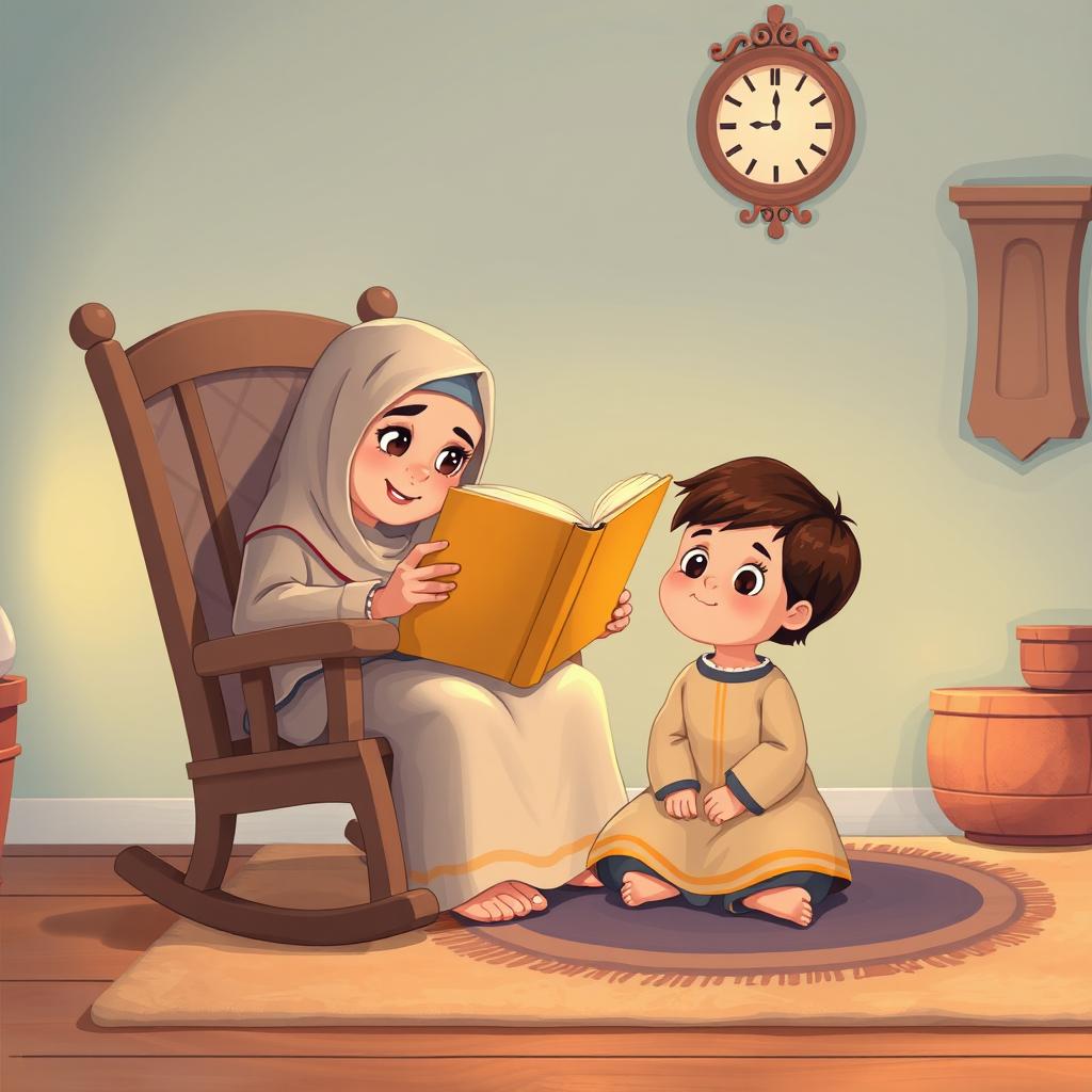 A heartwarming illustration depicting a Muslim grandmother sitting on a rocking chair, lovingly holding a large storybook