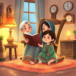A heartwarming illustration depicting a Muslim grandmother sitting on a rocking chair, lovingly holding a large storybook