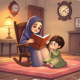 A heartwarming illustration depicting a Muslim grandmother sitting on a rocking chair, lovingly holding a large storybook