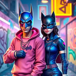 A Fortnite-style avatar featuring a cool young man wearing a Batman mask, standing confidently next to a young woman in a Catwoman mask
