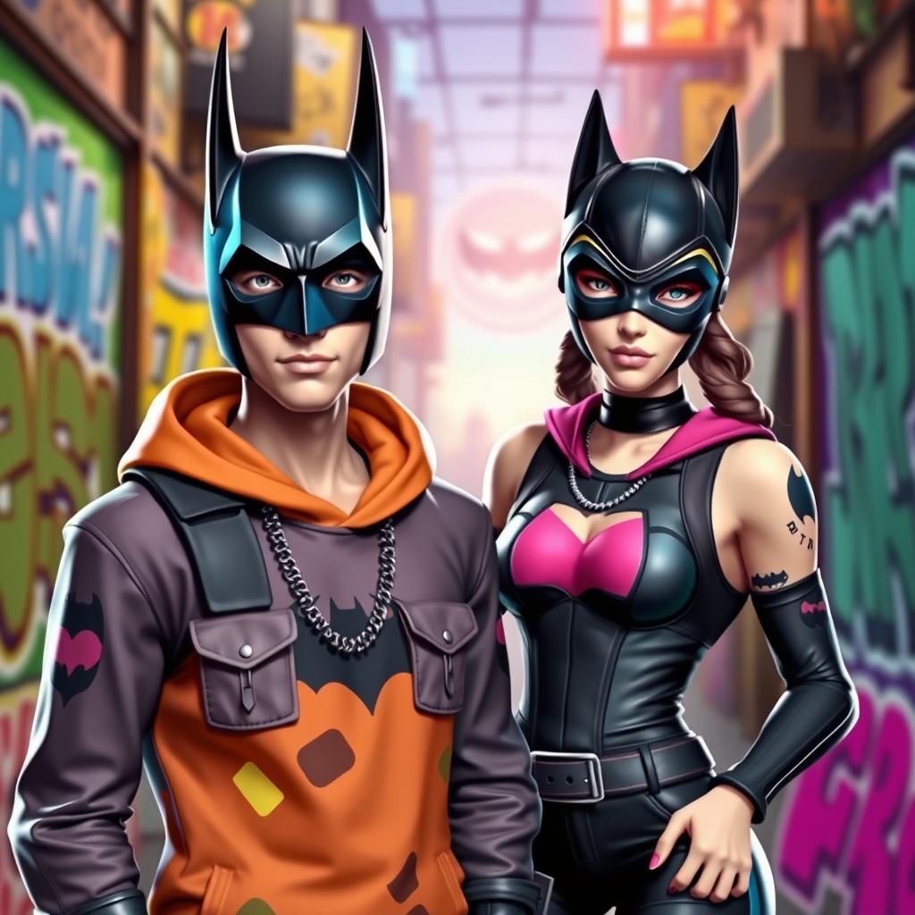 A Fortnite-style avatar featuring a cool young man wearing a Batman mask, standing confidently next to a young woman in a Catwoman mask