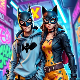 A Fortnite-style avatar featuring a cool young man wearing a Batman mask, standing confidently next to a young woman in a Catwoman mask