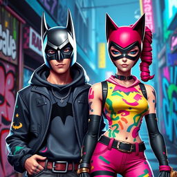 A Fortnite-style avatar featuring a cool young man wearing a Batman mask, standing confidently next to a young woman in a Catwoman mask