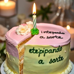 A beautifully decorated birthday cake with pastel colors, featuring a whimsical design