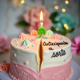 A beautifully decorated birthday cake with pastel colors, featuring a whimsical design
