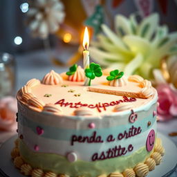 A beautifully decorated birthday cake with pastel colors, featuring a whimsical design