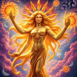 A vibrant depiction of a golden-haired solar deity, portrayed in a striking and elegant pose, radiating divine light