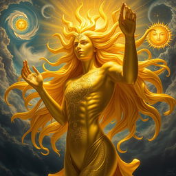 A vibrant depiction of a golden-haired solar deity, portrayed in a striking and elegant pose, radiating divine light