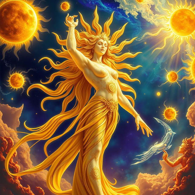 A vibrant depiction of a golden-haired solar deity, portrayed in a striking and elegant pose, radiating divine light