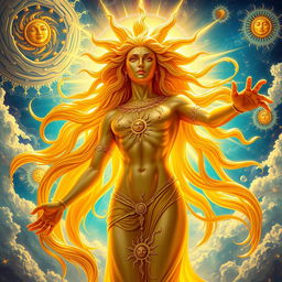A vibrant depiction of a golden-haired solar deity, portrayed in a striking and elegant pose, radiating divine light