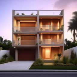 Construct an image of a three-story building on a 60ft x 30ft plot with a stylish design. The building features a right-sided garage including steps, all of which follows modern architecture.