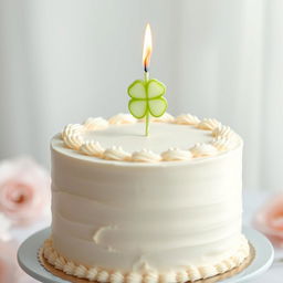 A stunning white birthday cake with elegant decorations, featuring a delightful four-leaf clover candle on top, glowing softly