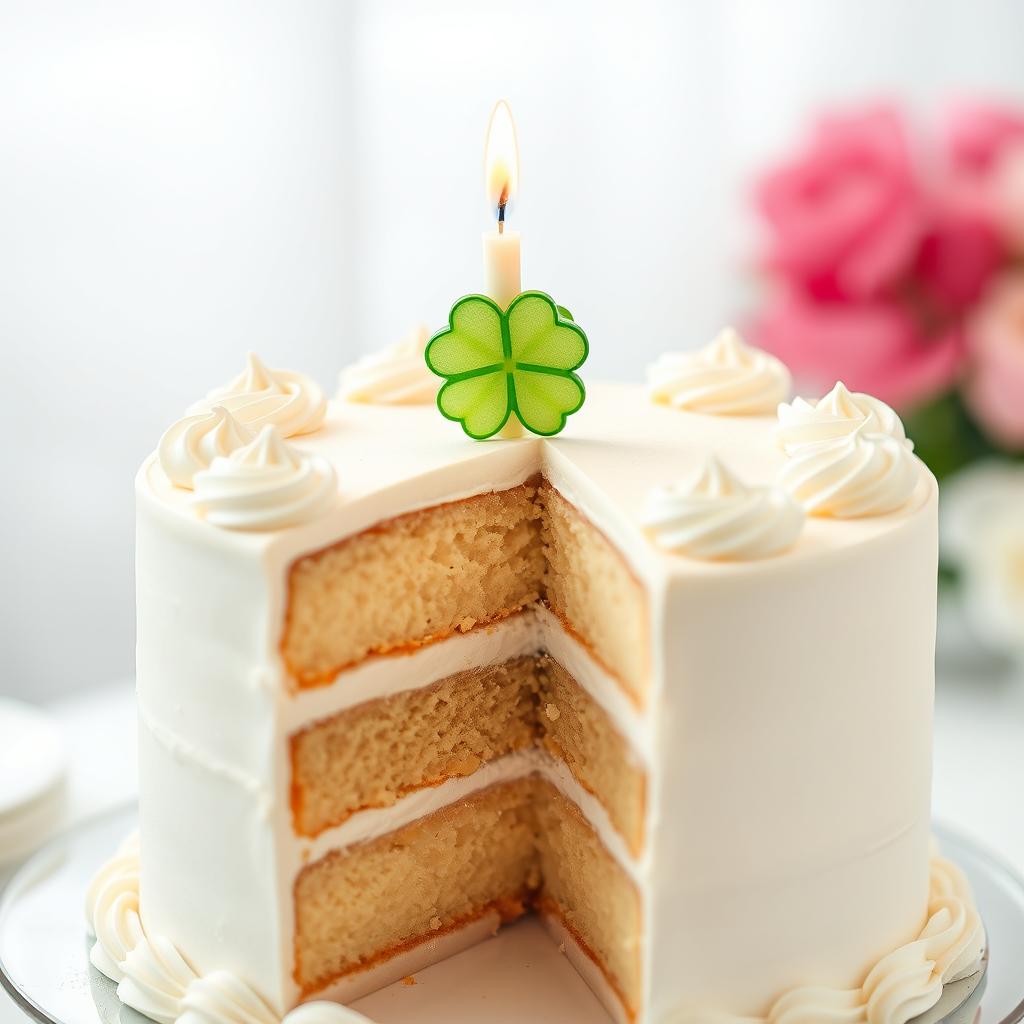 A stunning white birthday cake with elegant decorations, featuring a delightful four-leaf clover candle on top, glowing softly