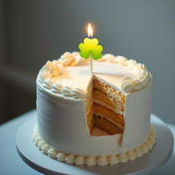 A stunning white birthday cake with elegant decorations, featuring a delightful four-leaf clover candle on top, glowing softly