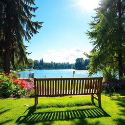 A beautiful wooden bench situated in a lush green park, surrounded by vibrant flowers and tall trees