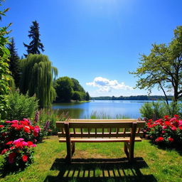 A beautiful wooden bench situated in a lush green park, surrounded by vibrant flowers and tall trees