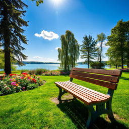 A beautiful wooden bench situated in a lush green park, surrounded by vibrant flowers and tall trees