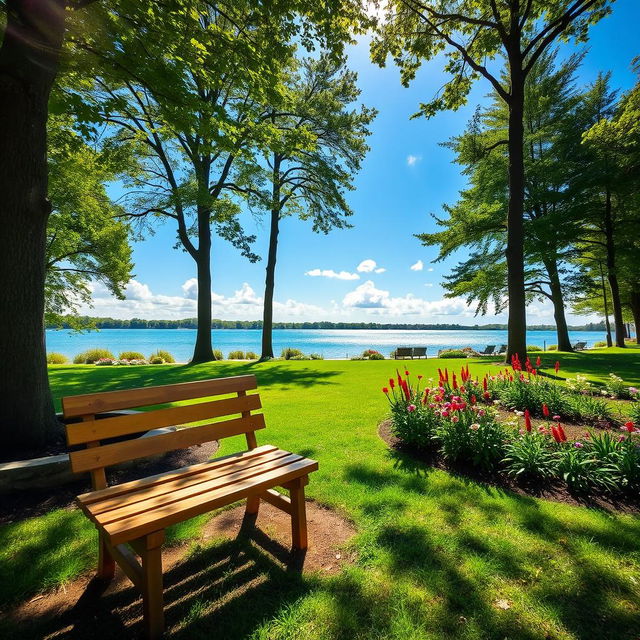 A beautiful wooden bench situated in a lush green park, surrounded by vibrant flowers and tall trees