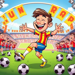 A humorous cartoon-style illustration of a famous soccer player with a big smile, dressed in a colorful soccer uniform, performing an exaggerated and funny dance move on the field, surrounded by soccer balls and cheering cartoon fans