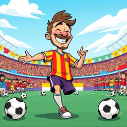 A humorous cartoon-style illustration of a famous soccer player with a big smile, dressed in a colorful soccer uniform, performing an exaggerated and funny dance move on the field, surrounded by soccer balls and cheering cartoon fans