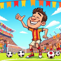 A humorous cartoon-style illustration of a famous soccer player with a big smile, dressed in a colorful soccer uniform, performing an exaggerated and funny dance move on the field, surrounded by soccer balls and cheering cartoon fans