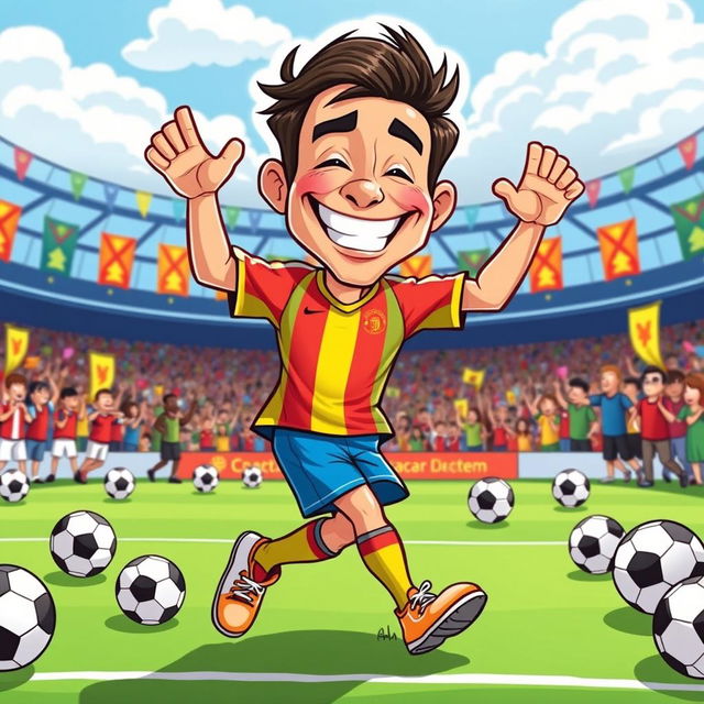 A humorous cartoon-style illustration of a famous soccer player with a big smile, dressed in a colorful soccer uniform, performing an exaggerated and funny dance move on the field, surrounded by soccer balls and cheering cartoon fans