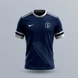 A modern soccer jersey design featuring a dark blue base with accentuating silver elements