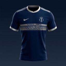 A modern soccer jersey design featuring a dark blue base with accentuating silver elements