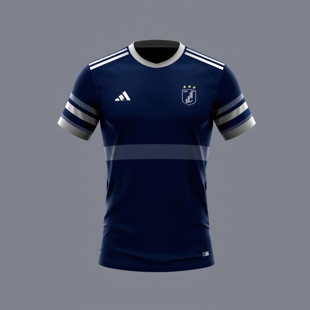 A modern soccer jersey design featuring a dark blue base with accentuating silver elements